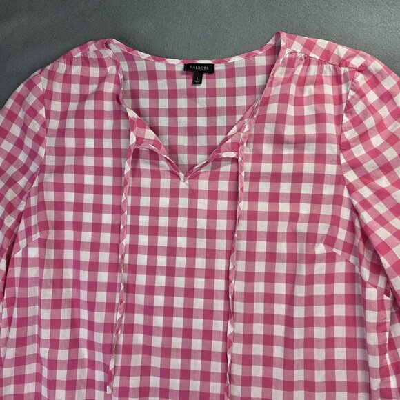Talbots Shirt Womens L Pink White Gingham Check Tunic Cotton 3/4 Sl Peasant Boho - Picture 3 of 11